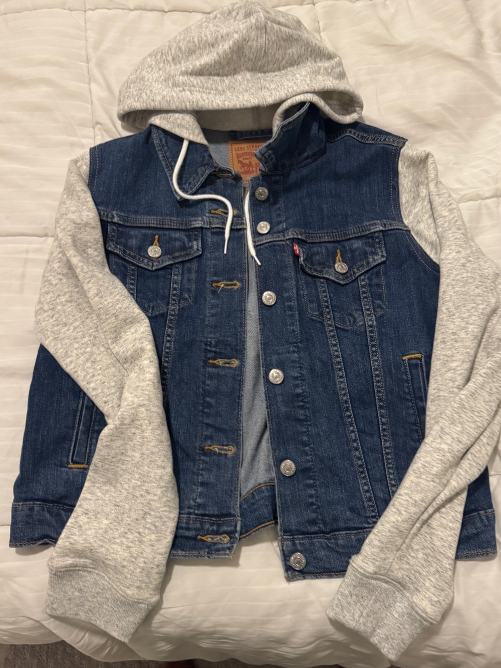 Levi's Blue Denim Jacket with Gray Hoodie Sleeves - Picture 3 of 3